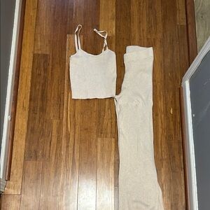 Pink Rose Beige Ribbed Knit Top and Pants Set